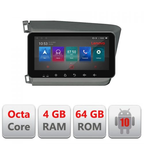 VPX Navigatie dedicata Lenovo Honda Civic 2012-2015 I-132 4+64, Ecran QLED 10.33″, Octacore, 4Gb RAM, 64Gb Memorie, 4G, 360, DSP, Carplay,Bluetooth