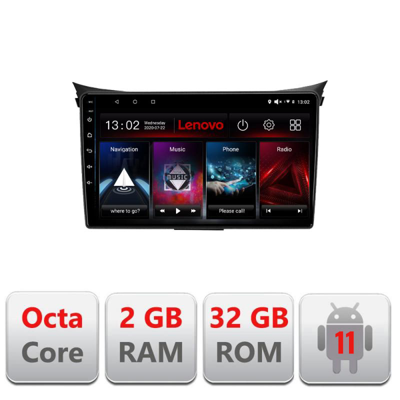 Navigatie dedicata Lenovo Hyundai I30 2011-2016, Octacore Qualcomm, 2Gb RAM, 32Gb Hdd, 4G, Qled, DSP, Carplay, Bluetooth
