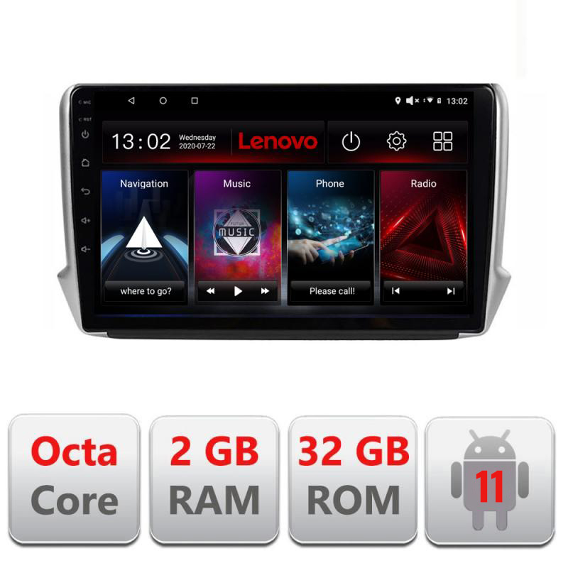 Navigatie dedicata Lenovo Peugeot 208/2008 D-PSA Octa Core, Octacore Qualcomm, 2Gb RAM, 32Gb Hdd, 4G, Qled, DSP, Carplay, Bluetooth