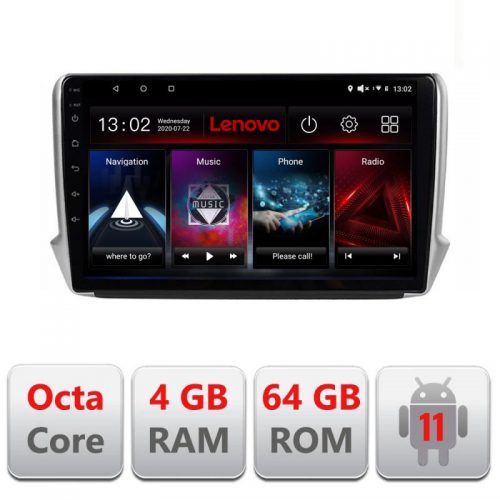 VPX Navigatie dedicata Lenovo Peugeot 208/2008 L-PSA Octa Core, Octacore Qualcomm, 4Gb RAM, 64Gb Hdd, 4G, Qled, DSP, Carplay, Bluetooth