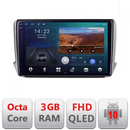 VPX Navigatie dedicata Peugeot 208/2008 B-PSA Android Ecran QLED octa core 3+32 carplay android auto KIT-PSA+EDT-E310V3
